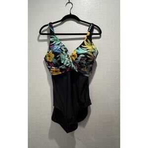 Maxine Of Hollywood Swimsuit Size 12 Mio One Piece Black Floral Print Tropical